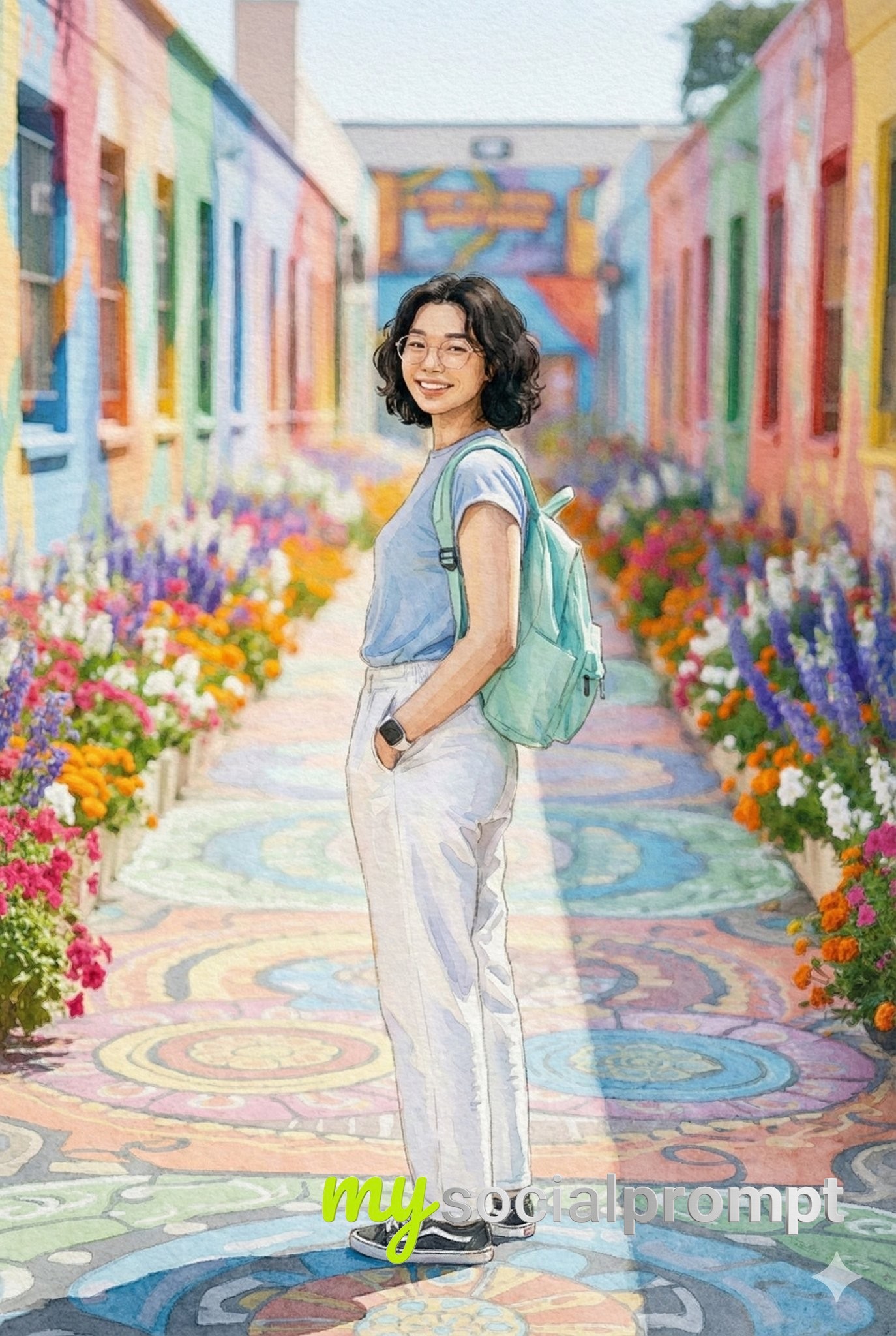 nanobanana prompt: Cinematic Lifestyle Portrait with Pastel Street Backdrop 2