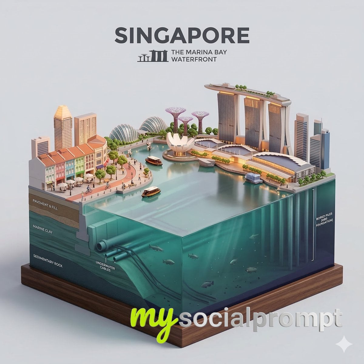 nanobanana prompt: Cross-Section Diorama of City Waterfront — Isometric 3D Cartoon Cutaway