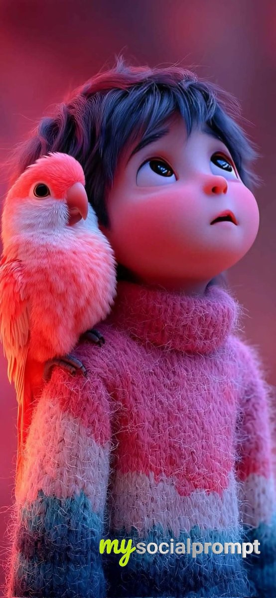 nanobanana prompt: Pixar-Style Boy with Blue Hair and Raccoon in Cinematic 3D 2