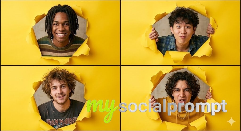 nanobanana prompt: Quad-Split Indie Portrait Collage with Torn Yellow Paper