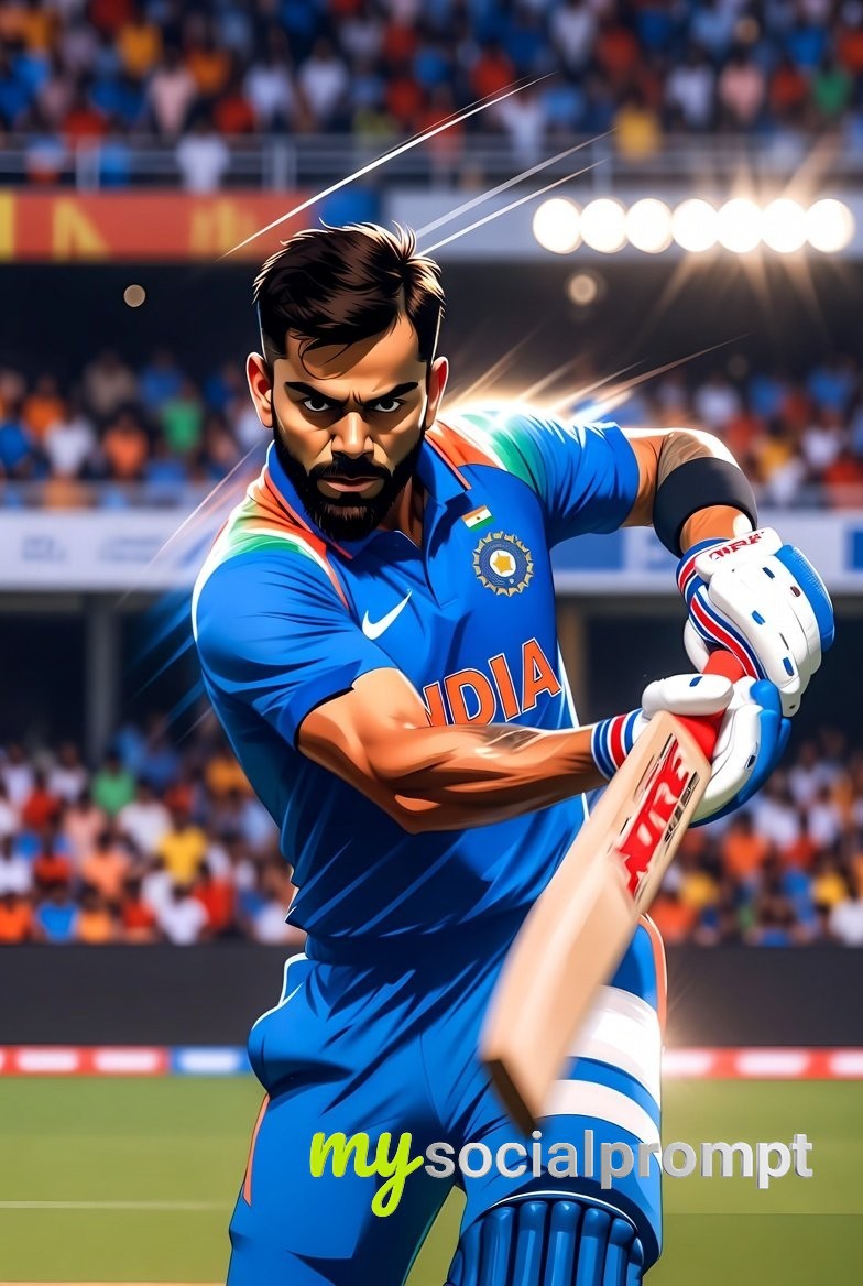 nanobanana prompt: Nano-Style Virat Kohli 54th Century Celebration in Cinematic Cricket Art 2
