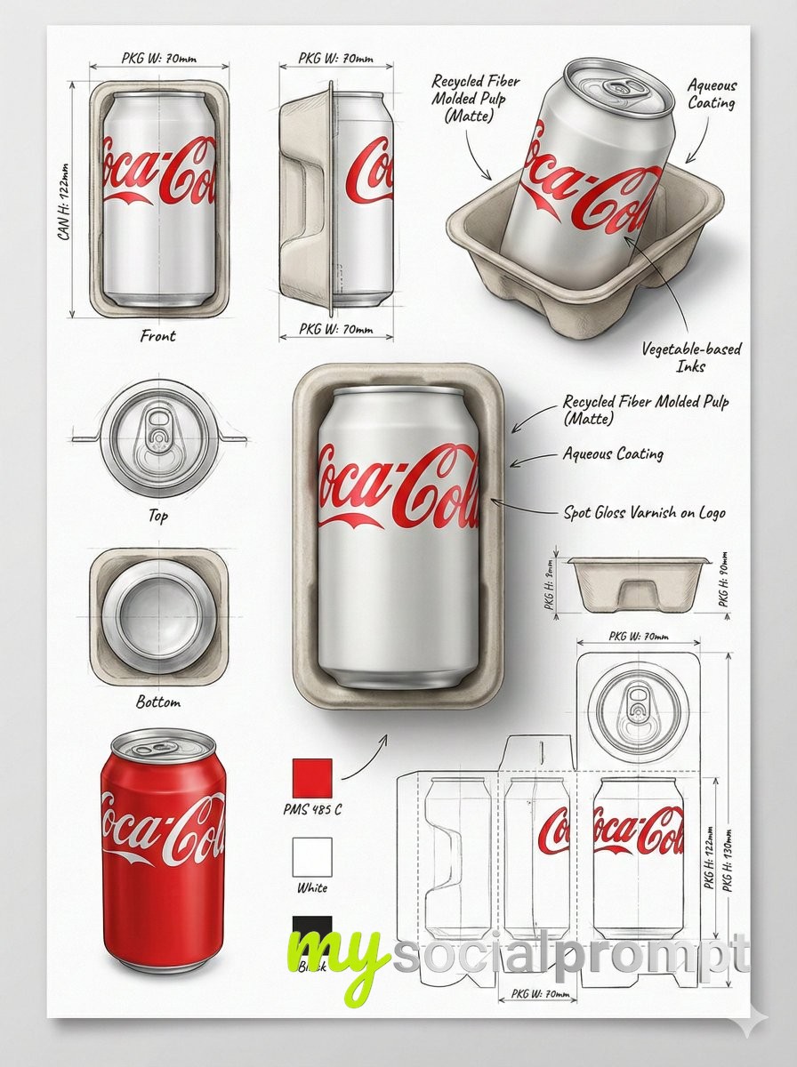 nanobanana prompt: Industrial Packaging Design with 3D Render & Technical Views
