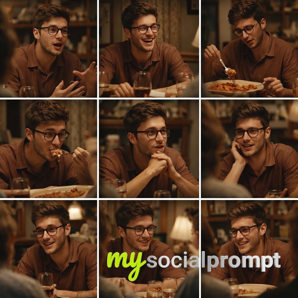 nanobanana prompt: Cinematic Family Dinner Storyboard with Warm Tungsten Lighting