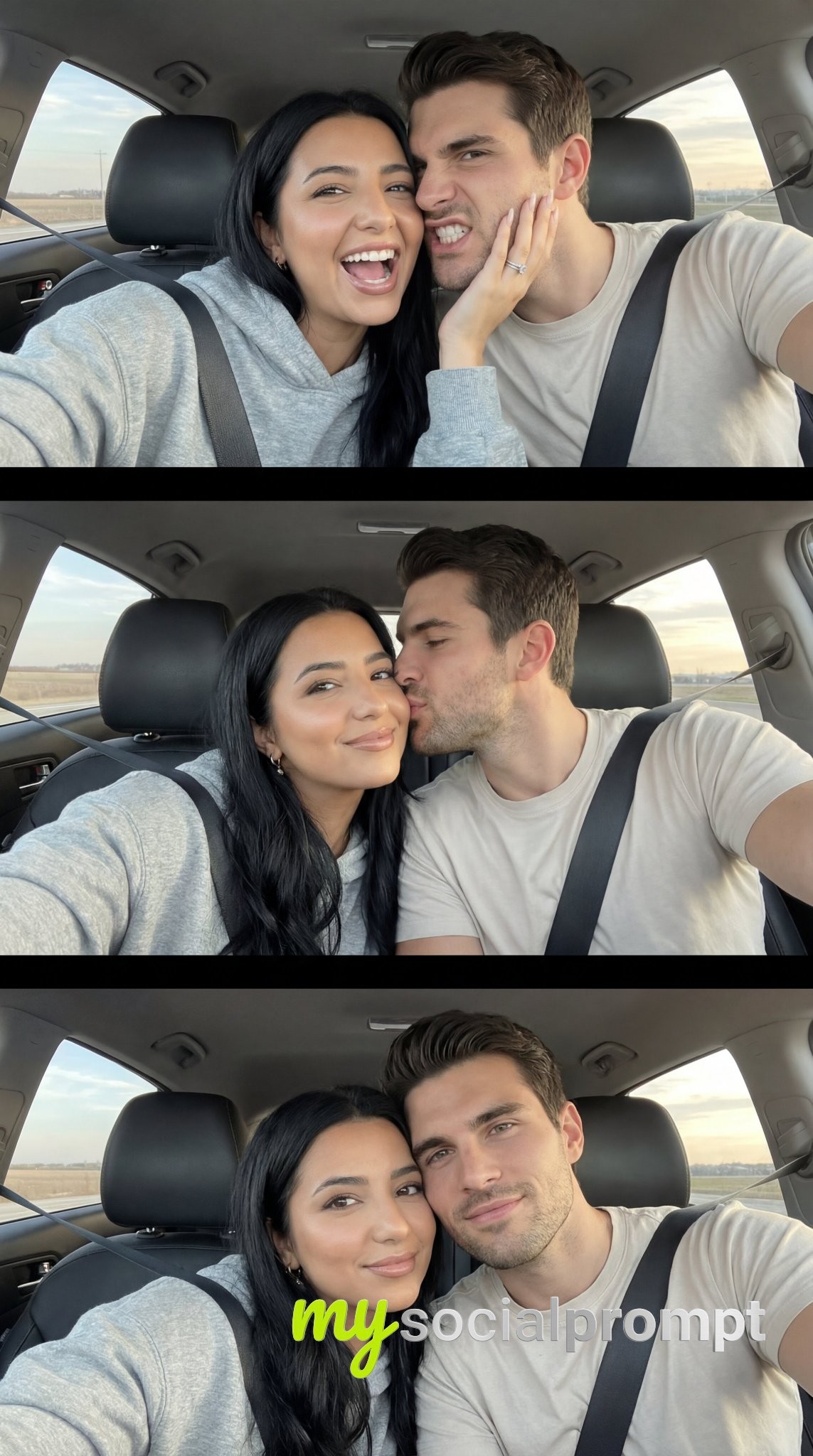 nanobanana prompt: Photorealistic Car Selfie Triptych with Playful Couple