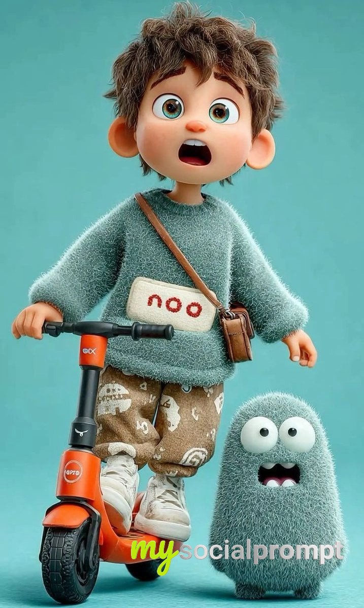nanobanana prompt: 3D Pixar Child Character with Teal Sweater on Scooter, Cinematic Render