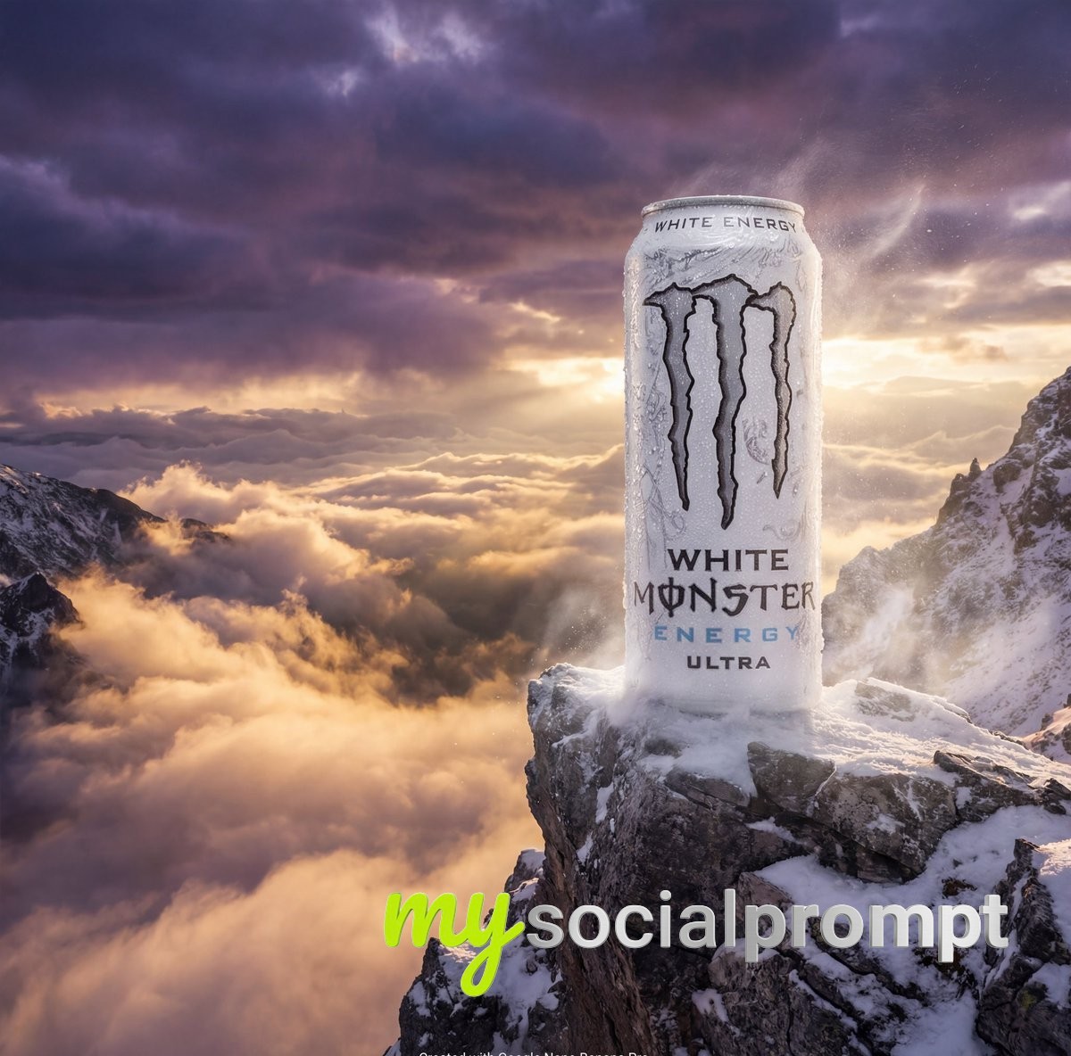nanobanana prompt: Epic Cinematic Product Ad: Monster Energy Can on Mountain Peak Above Clouds