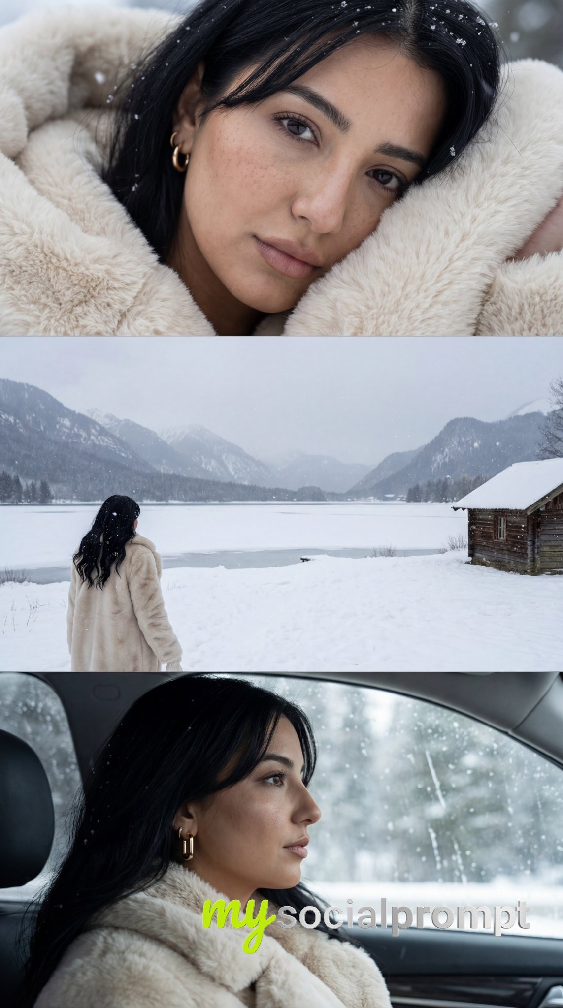 nanobanana prompt: Winter Cinematic Triptych with Photoreal Snowfall & Editorial Portraiture
