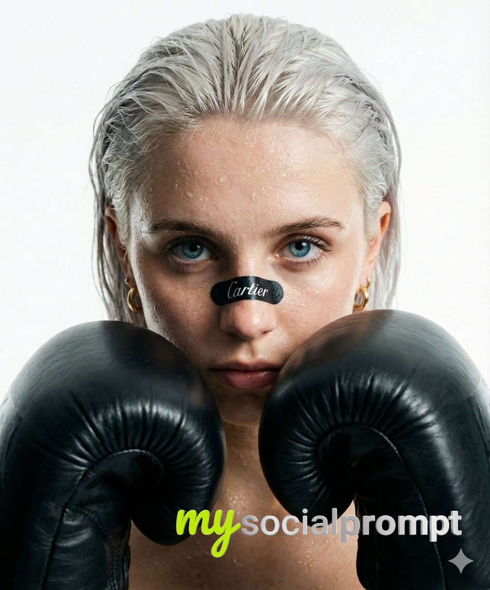 nanobanana prompt: Cinematic Close-Up of Female Boxer with Cartier Nose Sticker – High-Fashion Athletic Portrait 2