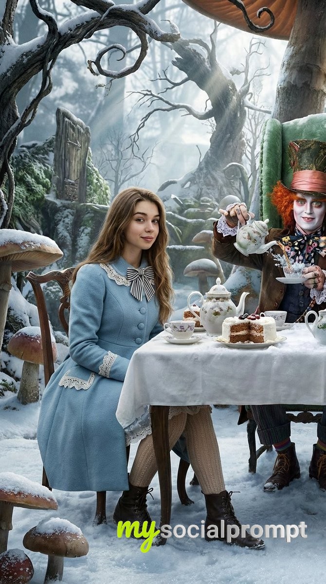 nanobanana prompt: Whimsical Fantasy Realism with Cinematic Lighting in Winter Wonderland