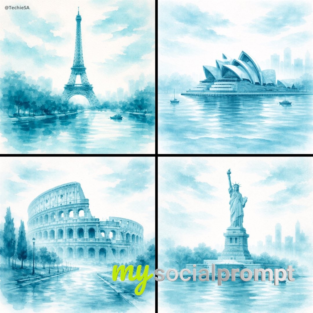 nanobanana prompt: Cyan Ink Wash of Landmark with Expressive Brushstrokes