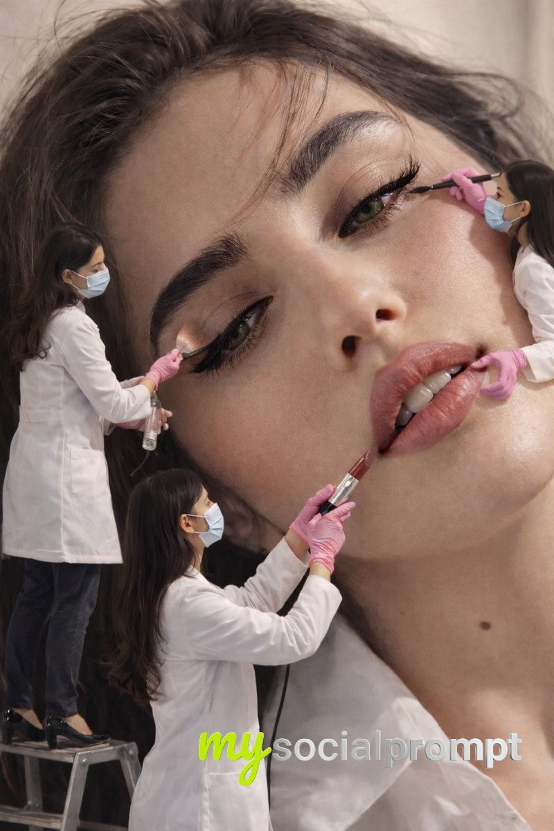 nanobanana prompt: Surreal Beauty Editorial with Miniature Stylists 2
