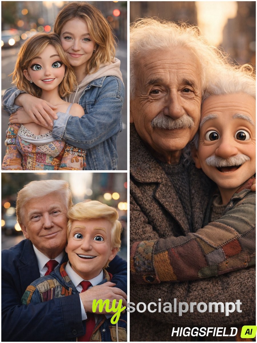 nanobanana prompt: Hyper-real Street Portrait with Cartoon Doppelgänger Embrace