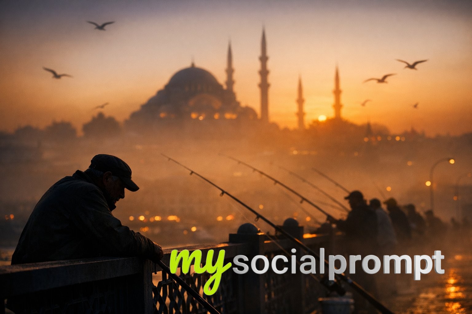 nanobanana prompt: Cinematic Silhouette of Istanbul Fishermen at Sunset