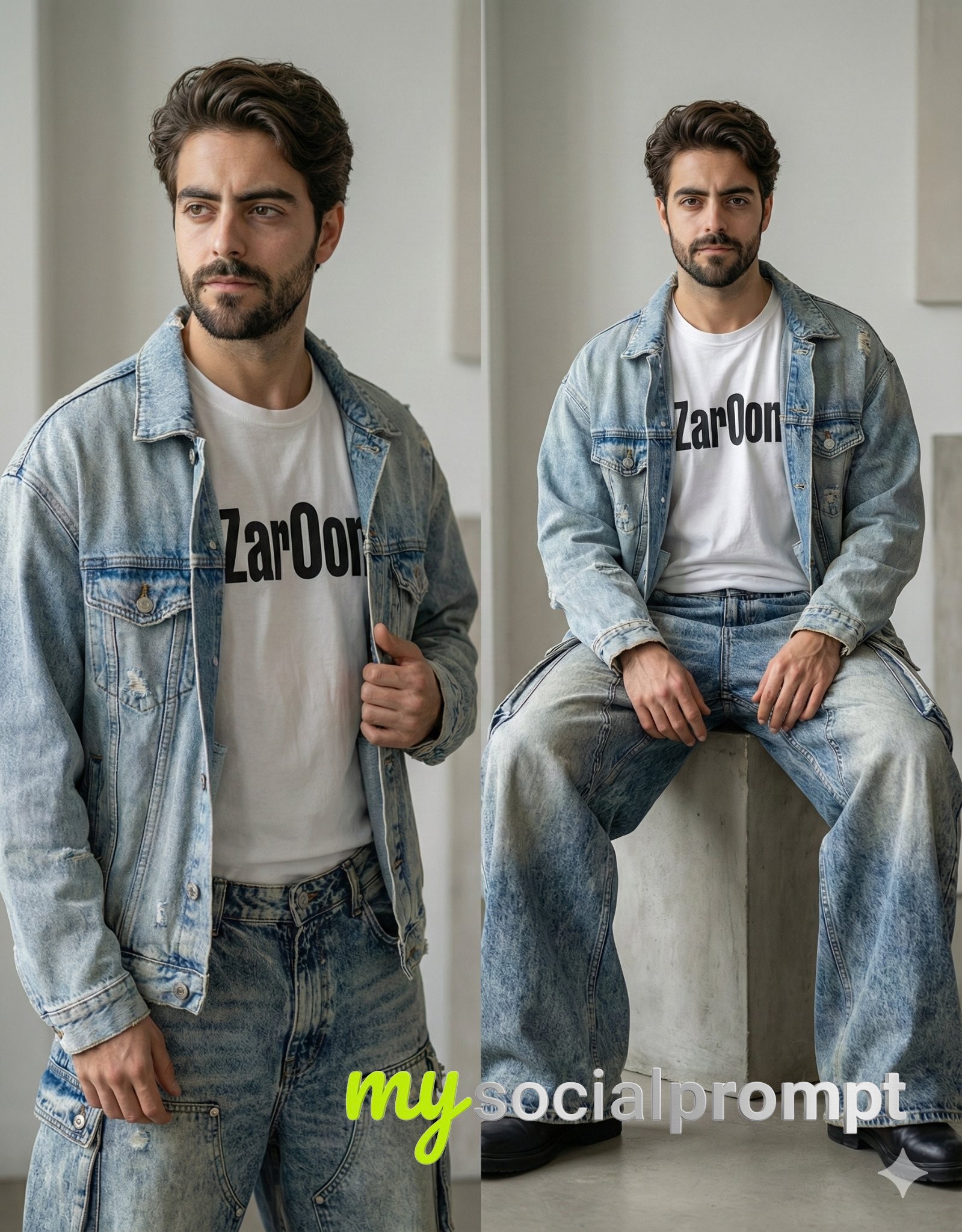 nanobanana prompt: Avant-Garde Streetwear Portrait with Distressed Denim 2