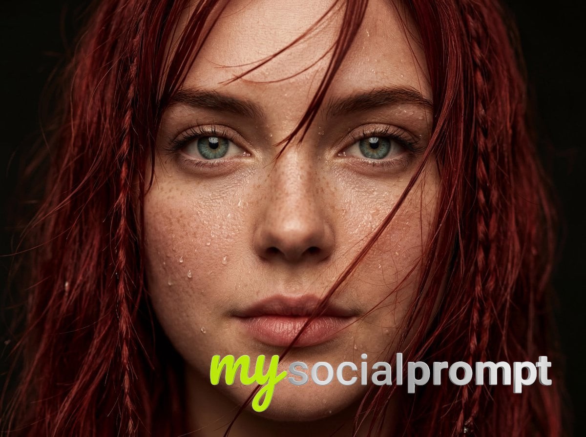nanobanana prompt: Hyper-Real Cinematic Close-Up Portrait of Redhead with Water Droplets
