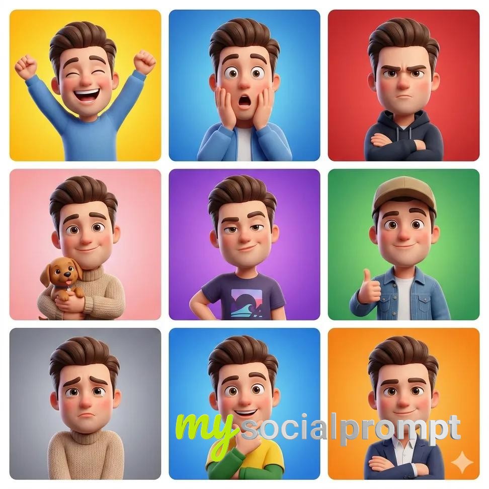 nanobanana prompt: Pixar-Style Emotion Grid: 3D Cartoon Avatar with 9 Expressions