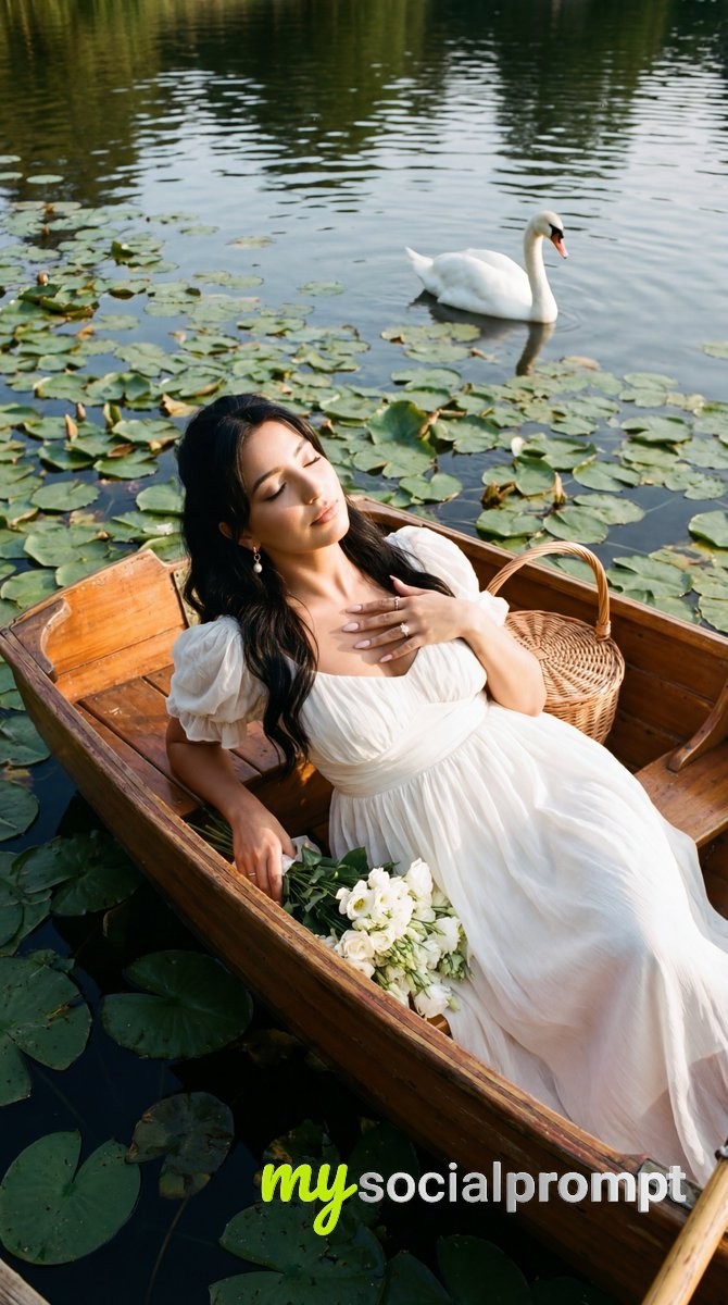 nanobanana prompt: Pre-Raphaelite Serenity: Woman in White Dress in Lily Pad Boat with Swan