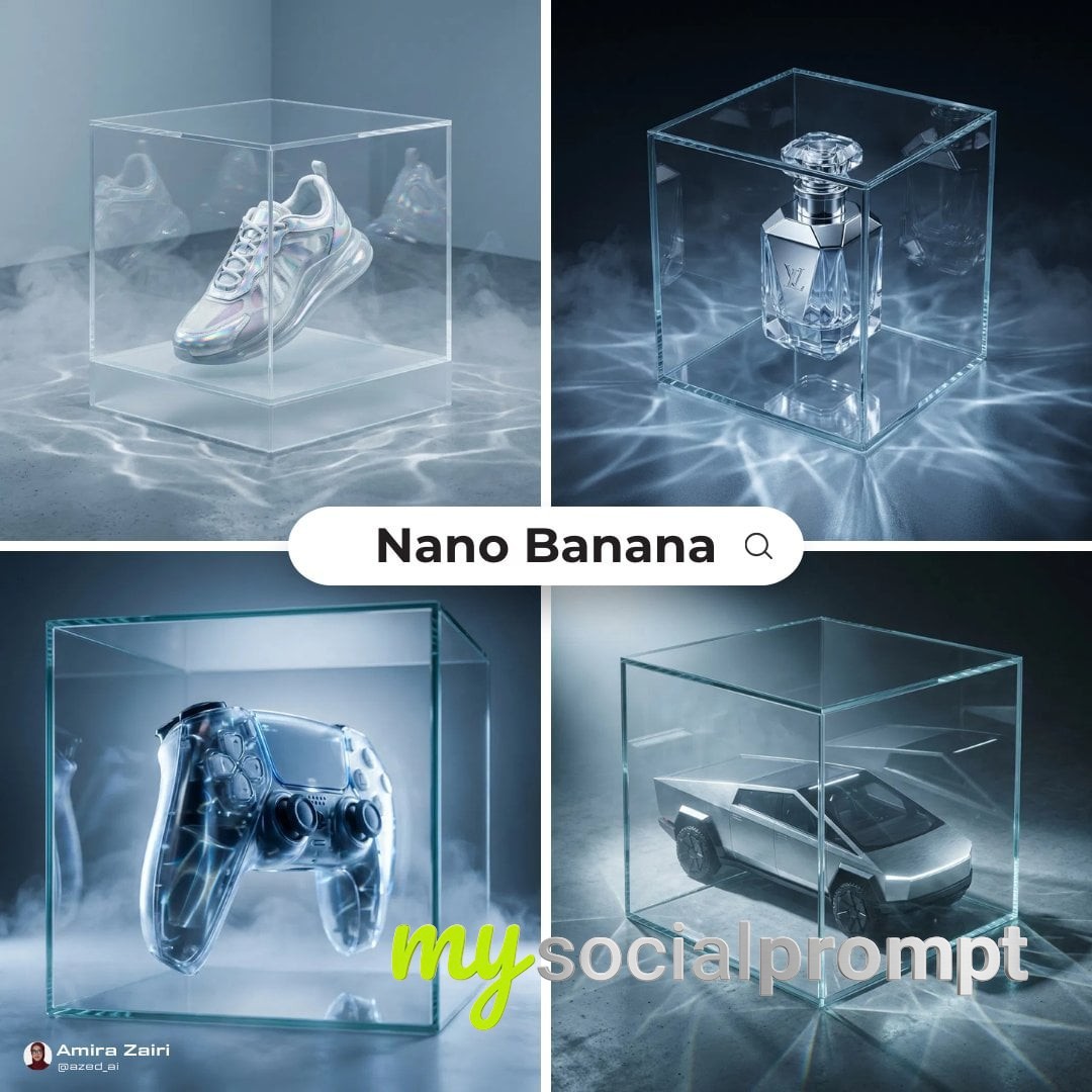 nanobanana prompt: Futuristic Product Ad in Transparent Glass Cube, Caustic Light Patterns, Minimal Studio Photography