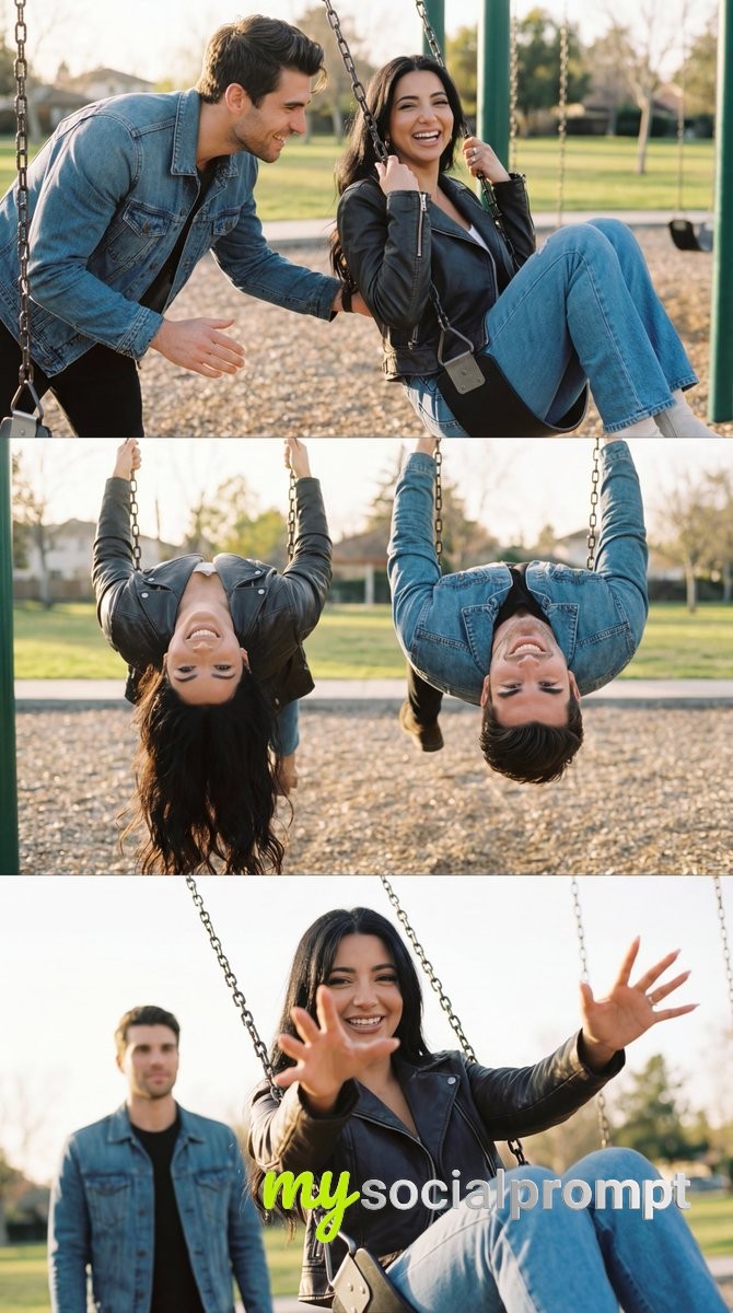 nanobanana prompt: Photorealistic Triptych of Playful Couple on Swing Set