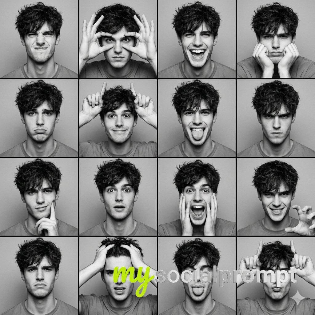 nanobanana prompt: Black & White Photobooth Expression Grid 4x4 – Young Man