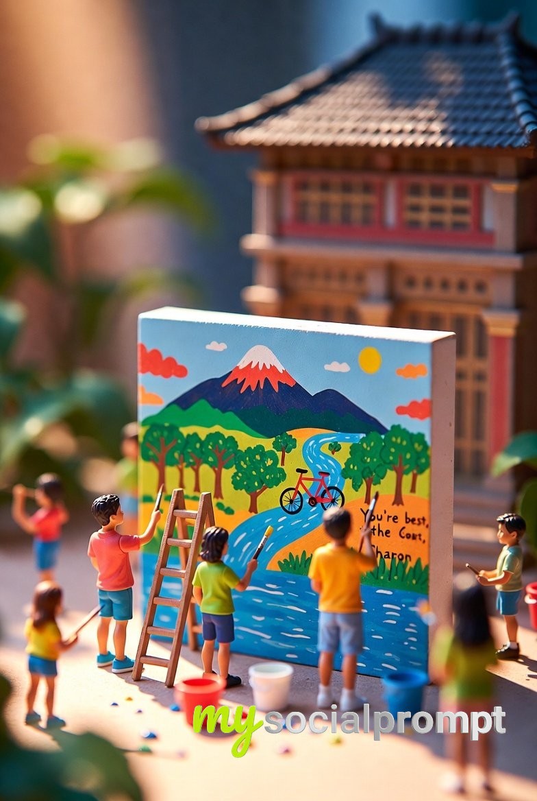 nanobanana prompt: Miniature Diorama with Youthful Figurines Painting Environmental Mural 3