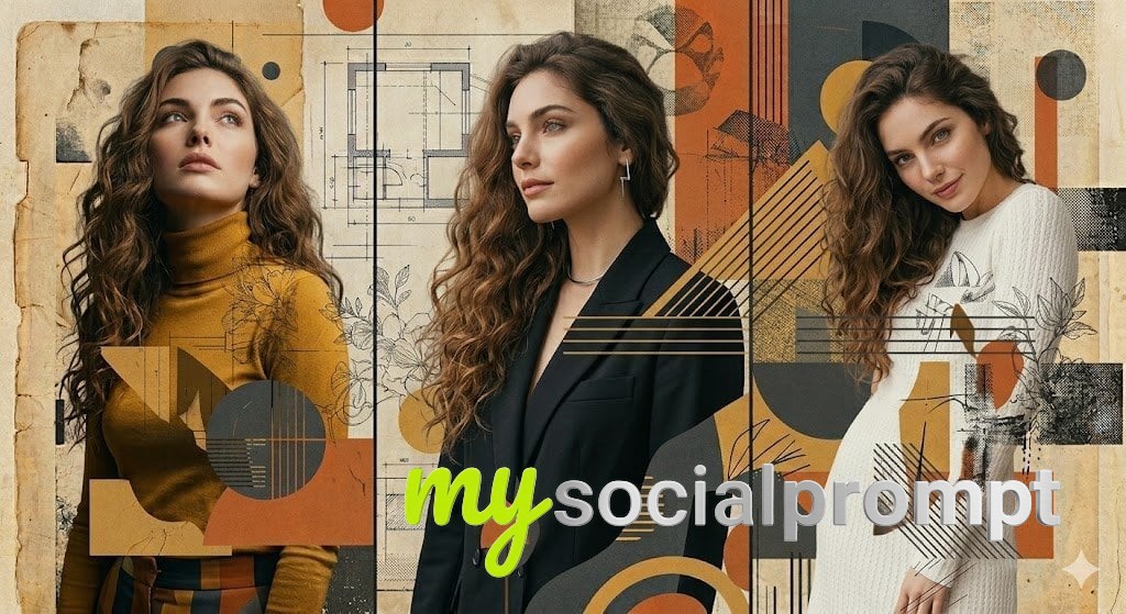 nanobanana prompt: Mixed-Media Collage Triptych: Photorealistic Woman in Editorial Fashion