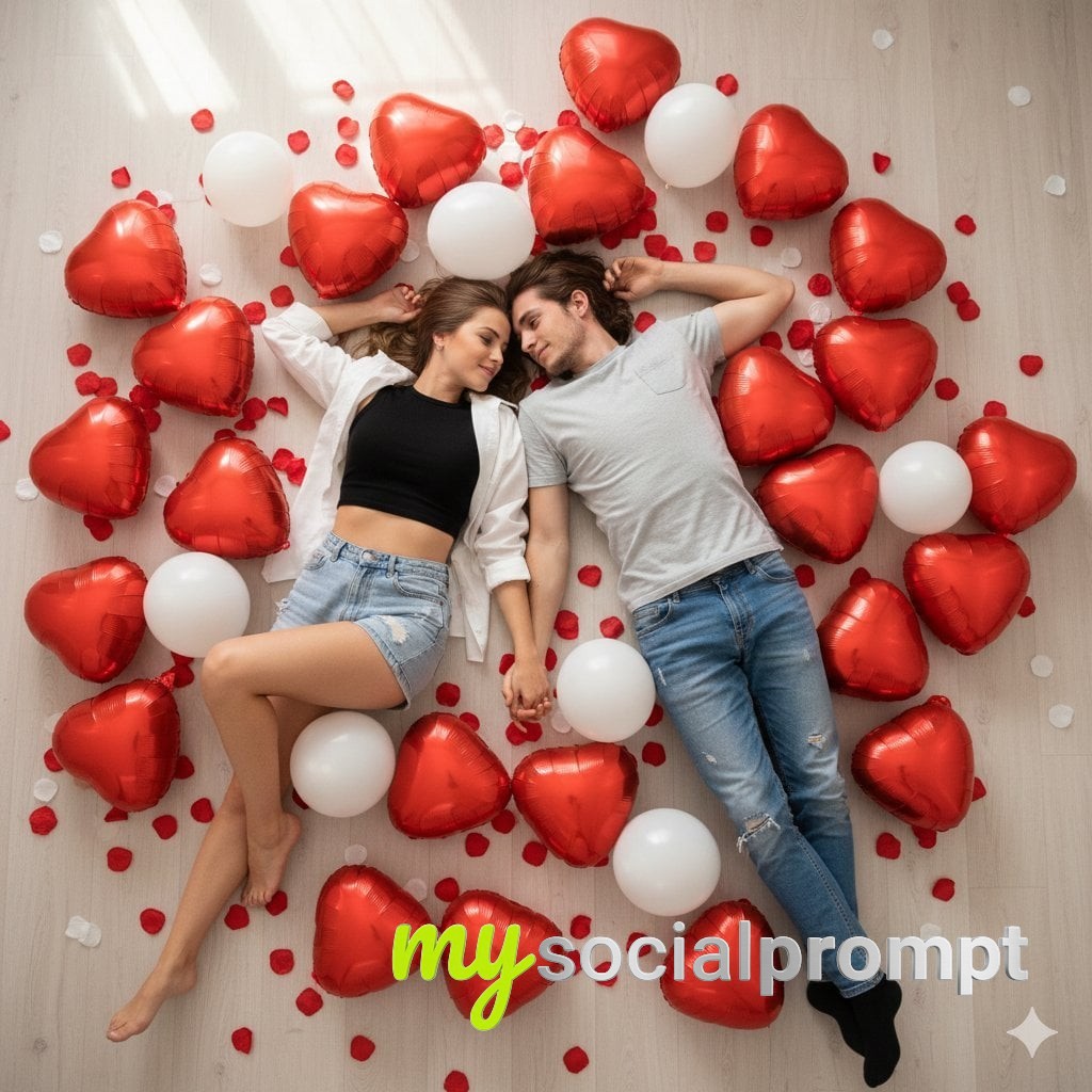 nanobanana prompt: Hyper-realistic Cinematic Couple Portrait with Heart Balloons