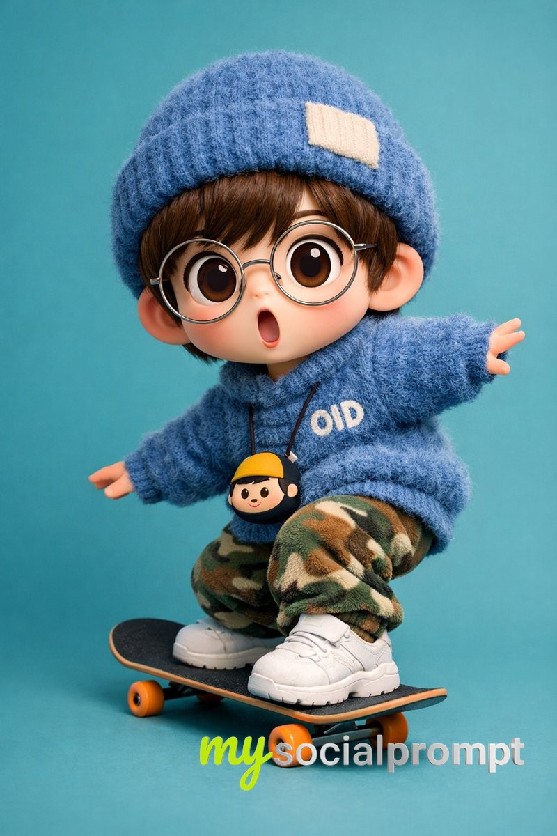 nanobanana prompt: Chibi Skateboarder in Hyper-Realistic Mohair & Velvet Textures 2