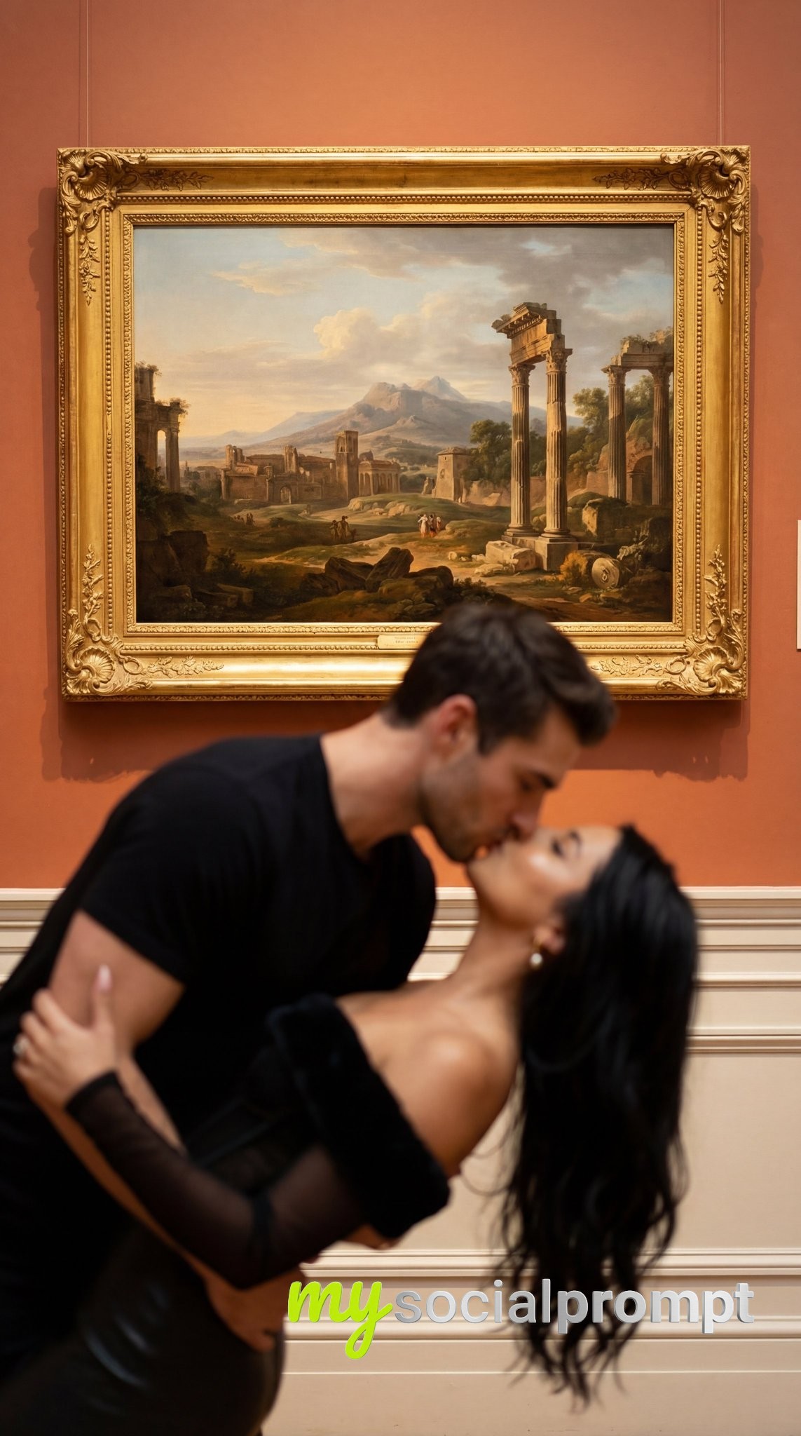 nanobanana prompt: Cinematic Museum Romance with Shallow DOF Fine Art Editorial