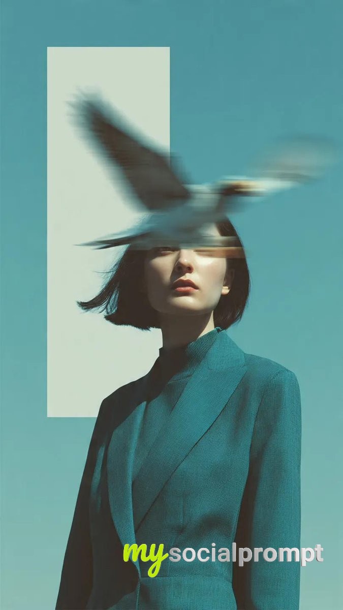 nanobanana prompt: Avant-Garde Editorial: Surreal Blurred Portrait with Bird Motion and Minimalist Composition 4