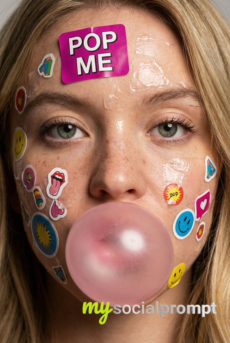 nanobanana prompt: Close-Up Portrait with Stickers and Bubblegum in Soft Studio Lighting