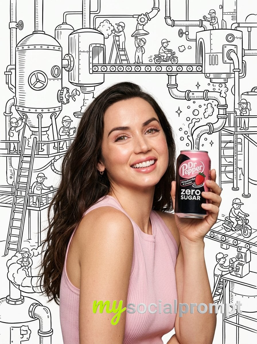 nanobanana prompt: Ana de Armas in Mixed Media Soda Ad with Whimsical Line Art