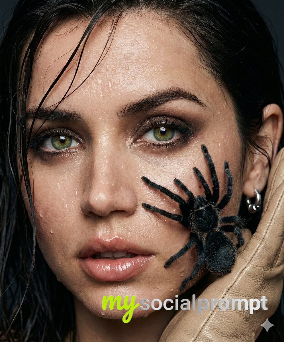 nanobanana prompt: Cinematic Fashion Portrait with Surreal Tarantula Element - AI Prompt Image 2