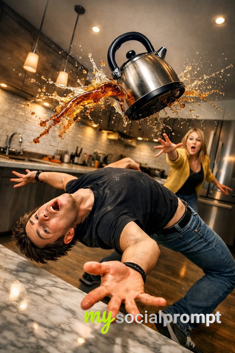 nanobanana prompt: Surreal Kitchen Acrobatics with Cinematic Freeze-Frame