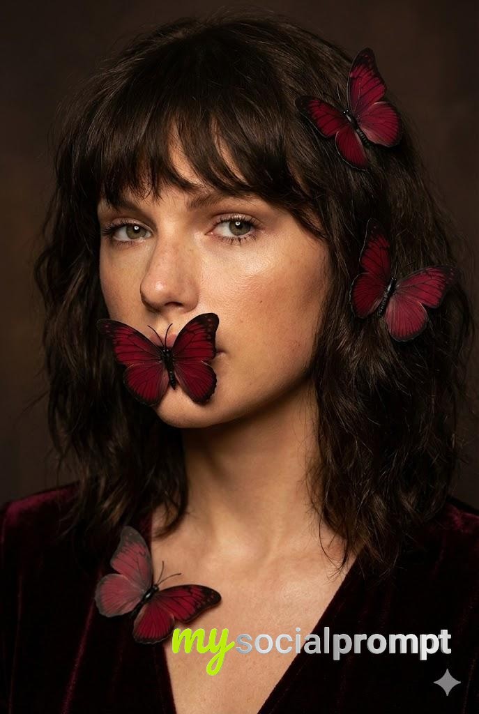 nanobanana prompt: Mysterious Velvet Portrait with Butterfly Veil