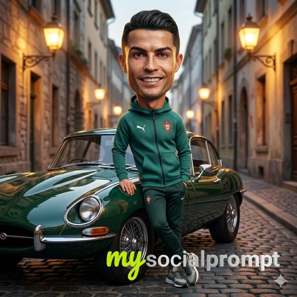 nanobanana prompt: Cinematic 3D Caricature in Vintage Street Scene with Classic Car 2
