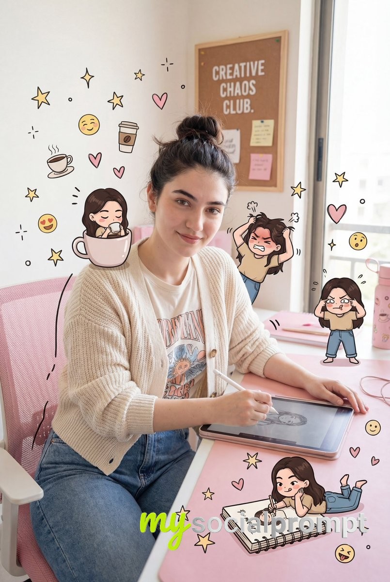 nanobanana prompt: Whimsical Portrait with Chibi Alter Egos in Pink Office