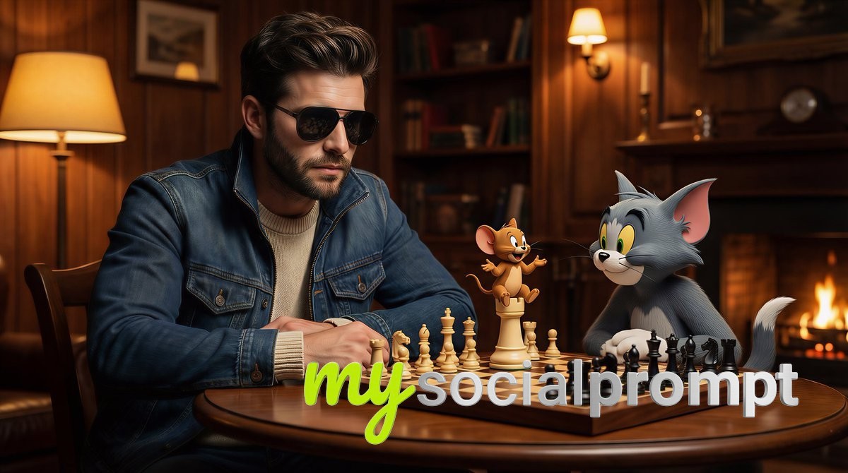 nanobanana prompt: Cinematic Chess Scene with Photorealistic Man & Animated Characters