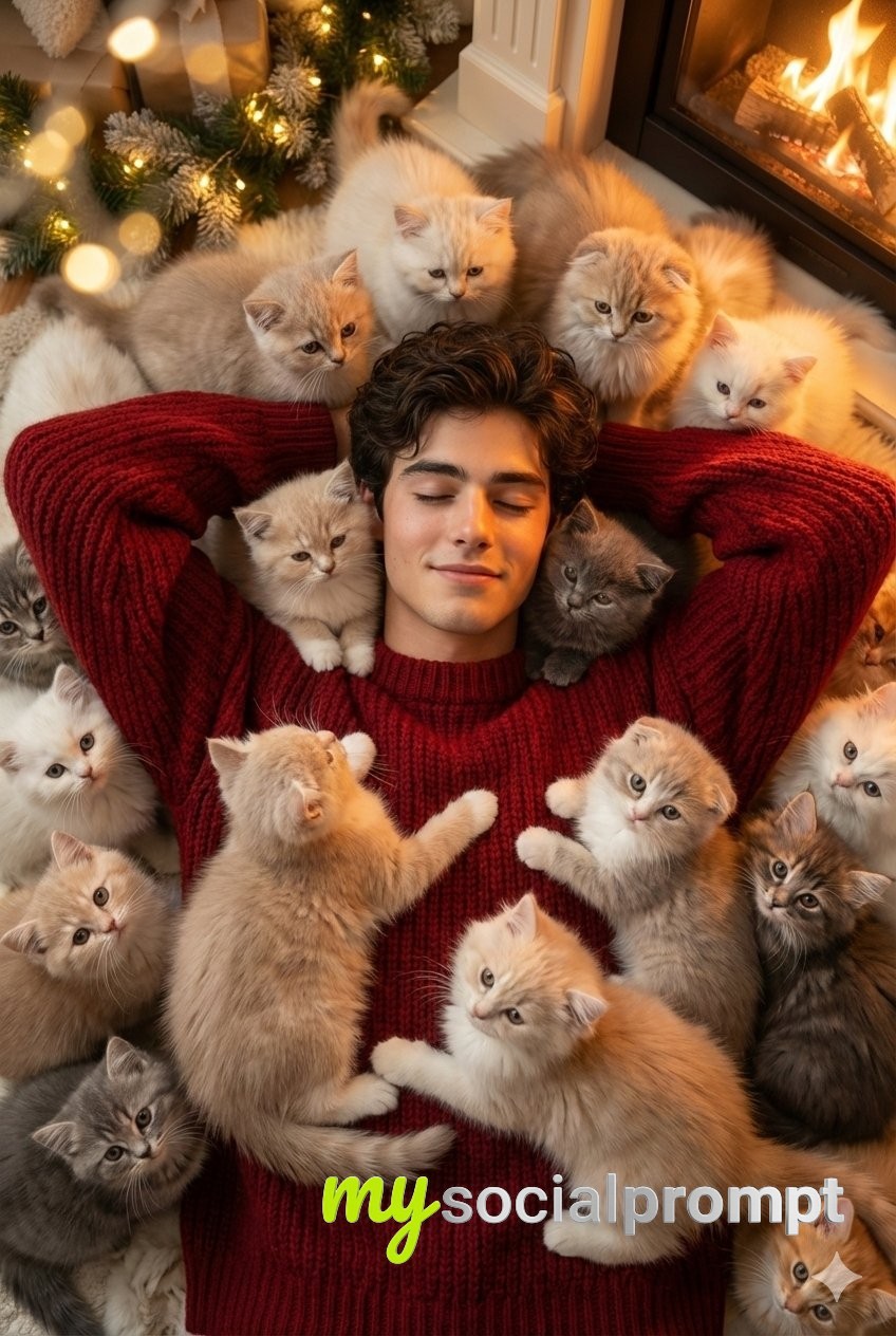 nanobanana prompt: Cozy High-Fashion Editorial with Kittens & Fireplace Lighting