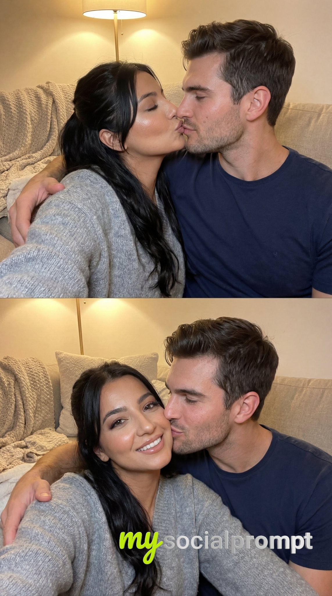 nanobanana prompt: Cozy Couple Split-Frame Selfie with Photorealistic Intimacy