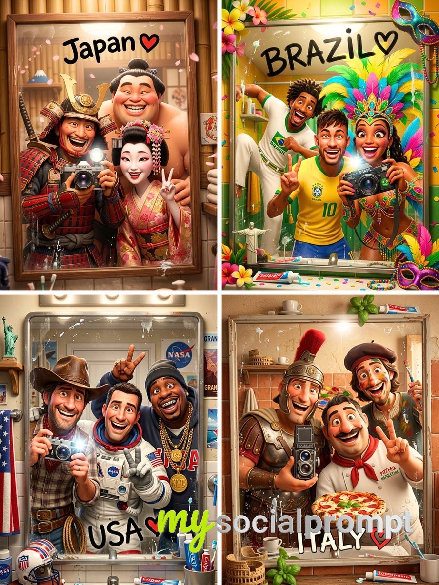nanobanana prompt: Pixar-Style 3D CGI Mirror Selfie of Japan's Cultural Icons in Traditional Costume