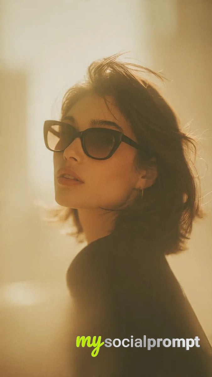 nanobanana prompt: Cinematic fashion portrait with oversized cat-eye sunglasses, golden hour lighting 2