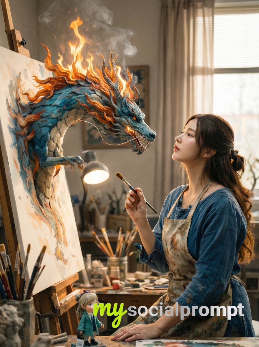 nanobanana prompt: Cinematic Fantasy Studio with Magical Dragon Painting