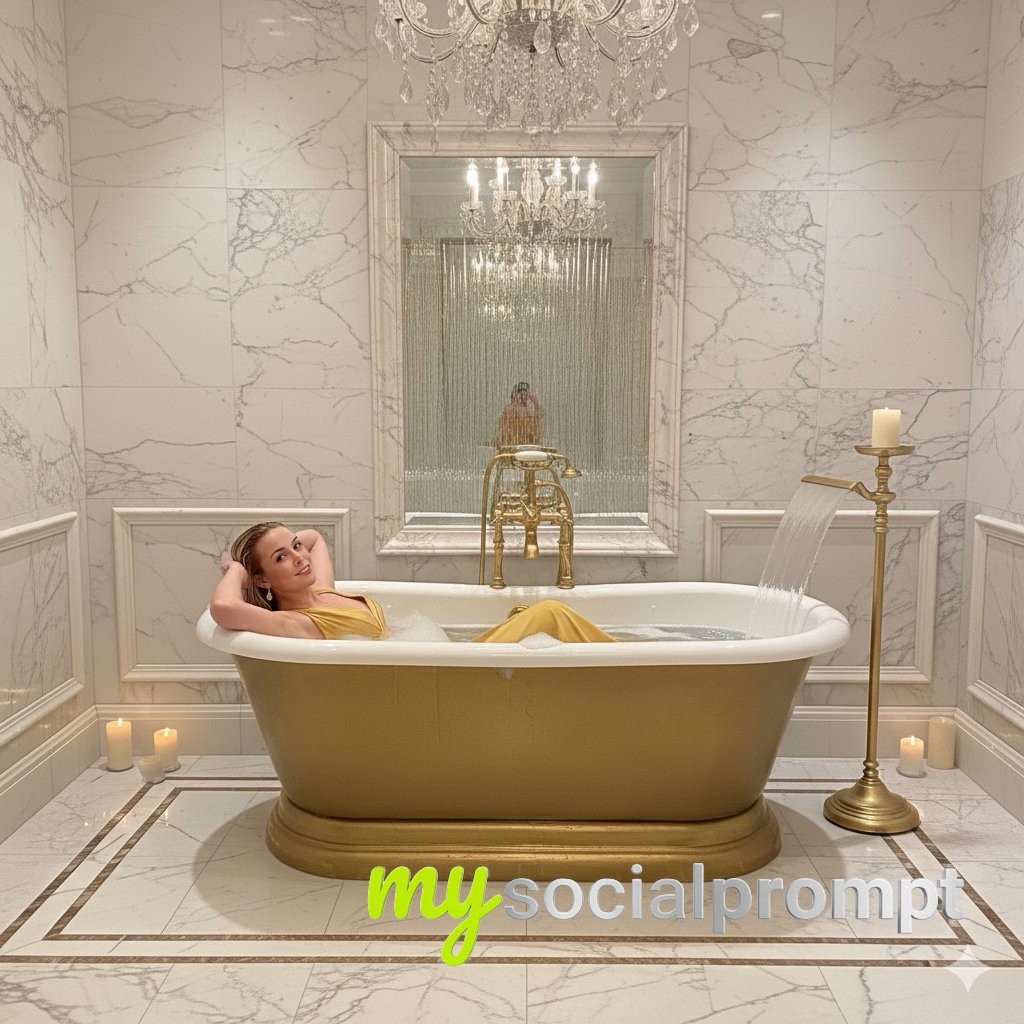 nanobanana prompt: Cinematic Luxury: Couple Bathtub in Marble Bathroom with Chandelier Lighting 2