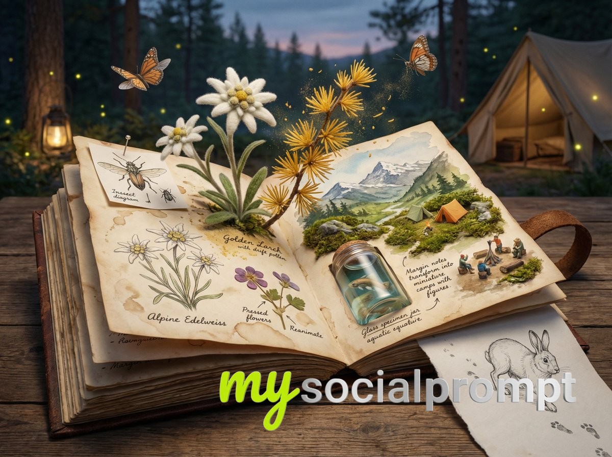 nanobanana prompt: Photorealistic 3D Scene of Living Botanical Journal with Hyper-realism 3