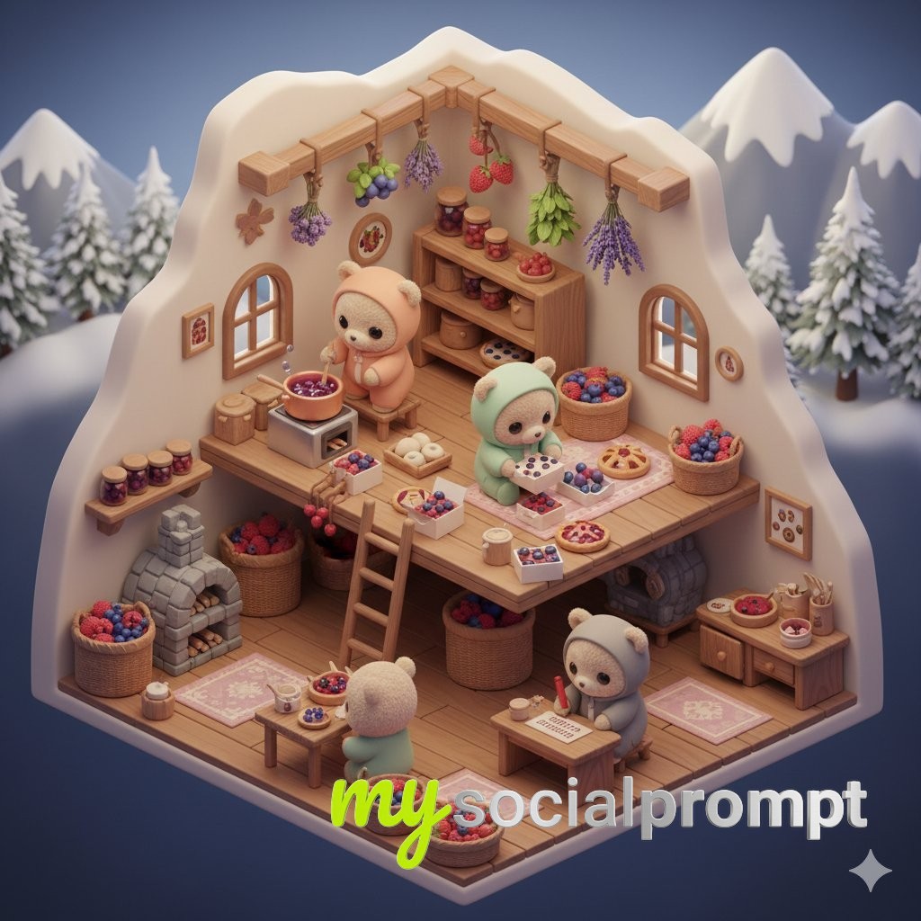 nanobanana prompt: Isometric Kawaii Scene of Chibi Bears Designing Mountain Map 4