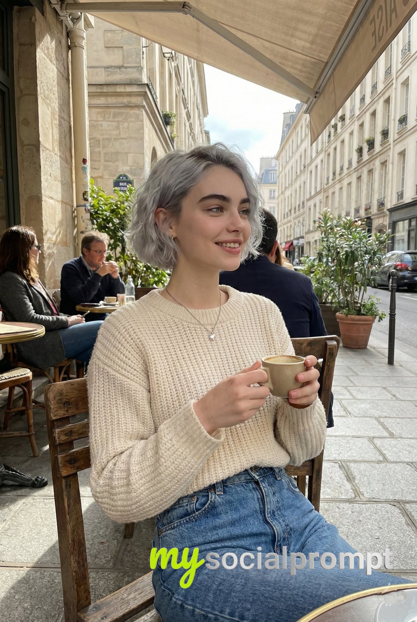 nanobanana prompt: Candid Parisian Café Portrait in Cinematic Natural Light