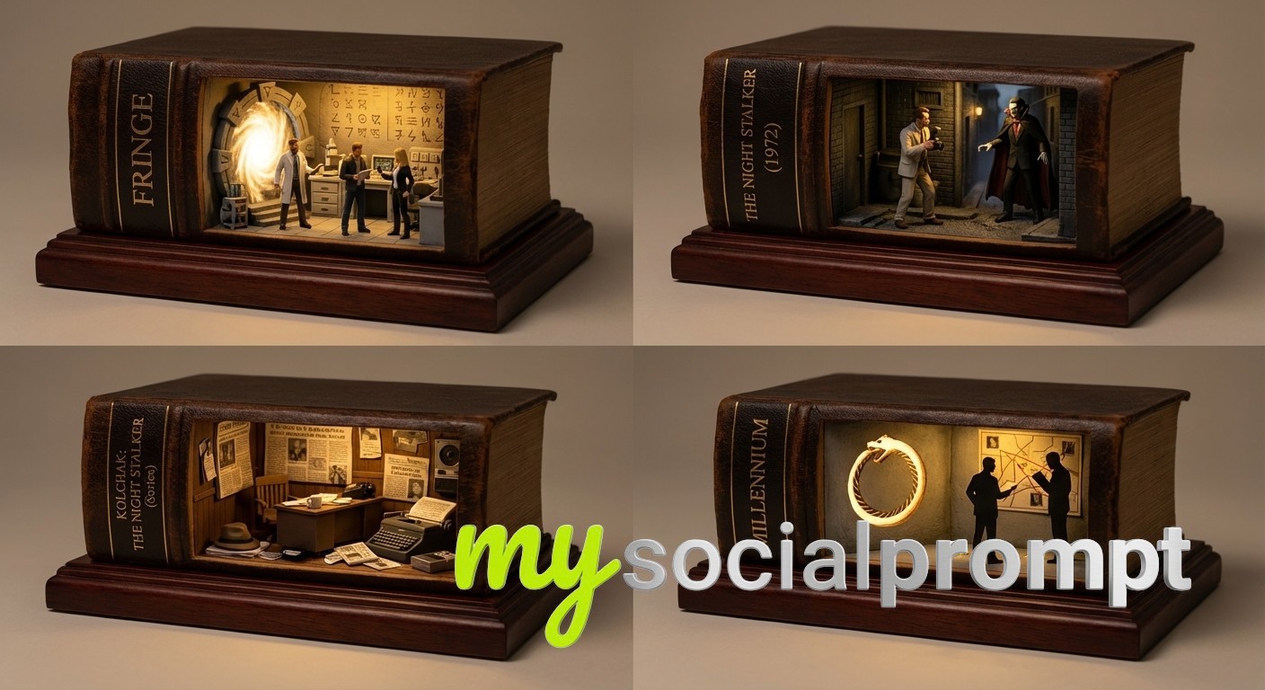 nanobanana prompt: Antique Book Diorama Grid for X-Files Fans – Cinematic Carved Library Art - AI Prompt Artwork