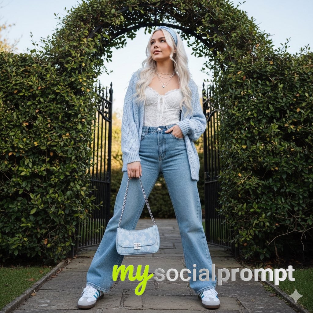 nanobanana prompt: Pastel Soft Girl Fashion Shoot at Ivy-Covered Gate