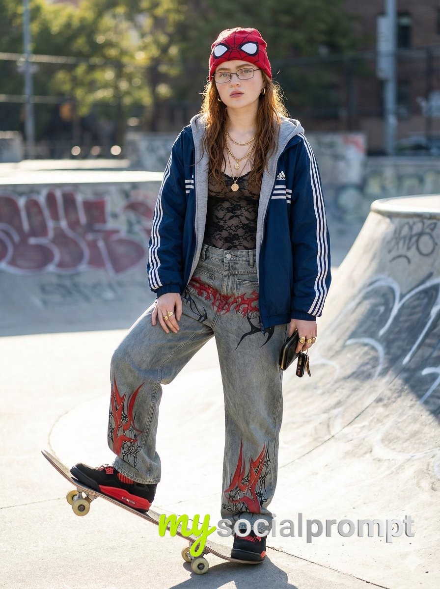 nanobanana prompt: Urban Grunge Portrait with Concrete Skate Park Aesthetic